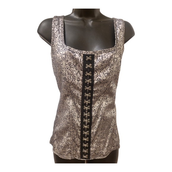 Super Low Fat Tops - Corset tank top Silver And Black Floral Paisley Design 1X